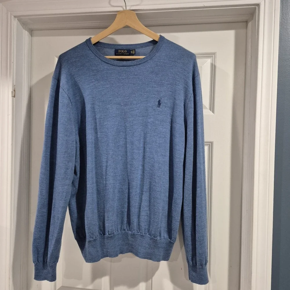 Polo Ralph Lauren Sweater Mens XL‎ Blue Wool Crewneck Merino Washable Preppy